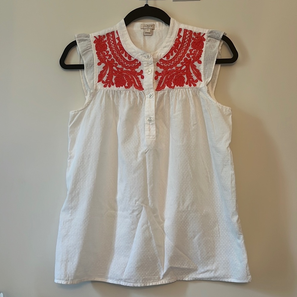 J. Crew Boho Style Short Sleeve Top Size 0. Coral/Pink Design on Front.